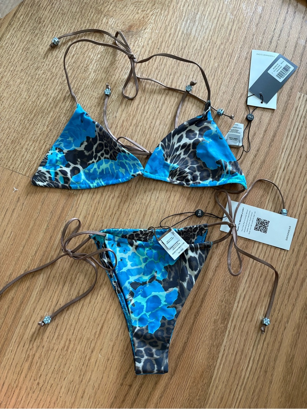 Tiger Mist Blue Floral Leopard Print String Bikini